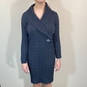 Calvin Klein Womens Cable Knit Sweater Dress Charcoal Gray Shawl Collar Size M